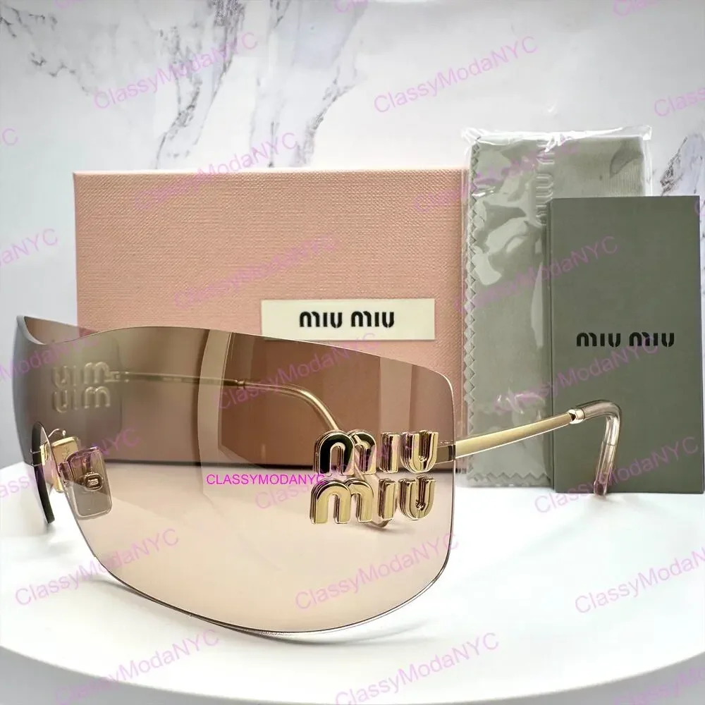 New MIU MIU Aube Sunglasses Gold Light Brown Mirror Bronze Rimless Wrap Womens
